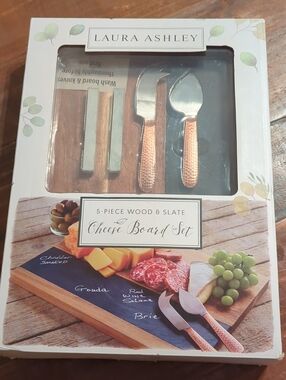 Laura Ashley Wood & Slate Cheese Charcuterie Board Set with Copper-Tone Handles